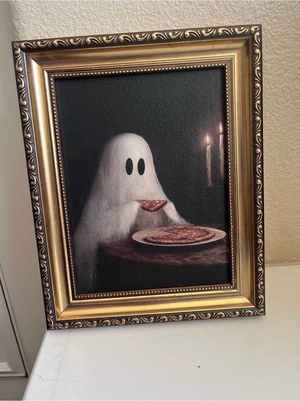Halloween Ghost Eating Pizza Framed Art Picture in Gold Frame